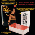 The Pulp Tarot infographic bundle showcases a complete 78-card divination deck styled with a dynamic, mid-century hard-boiled illustration theme by Todd Alcott. The graphic breaks down key structural features including the premium bookshelf-worthy magnetic box, the standing instruction booklet for detailed card interpretations, and the full stack of patterned card backs.