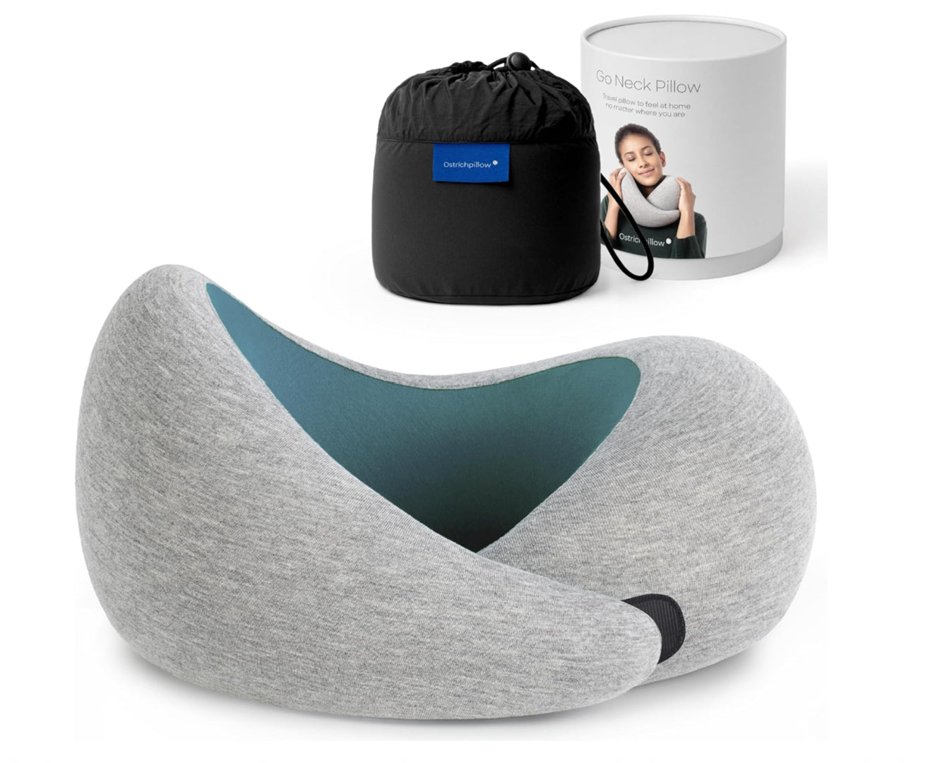 Go Neck travel memory foam neck pillow from the dark utility travel collection shown in sage green with a removable modal-elastomer knit cover, asymmetrical ergonomic wrap design, adjustable hook-and-loop closure, and black compression storage bag demonstrating up to 60% volume reduction.