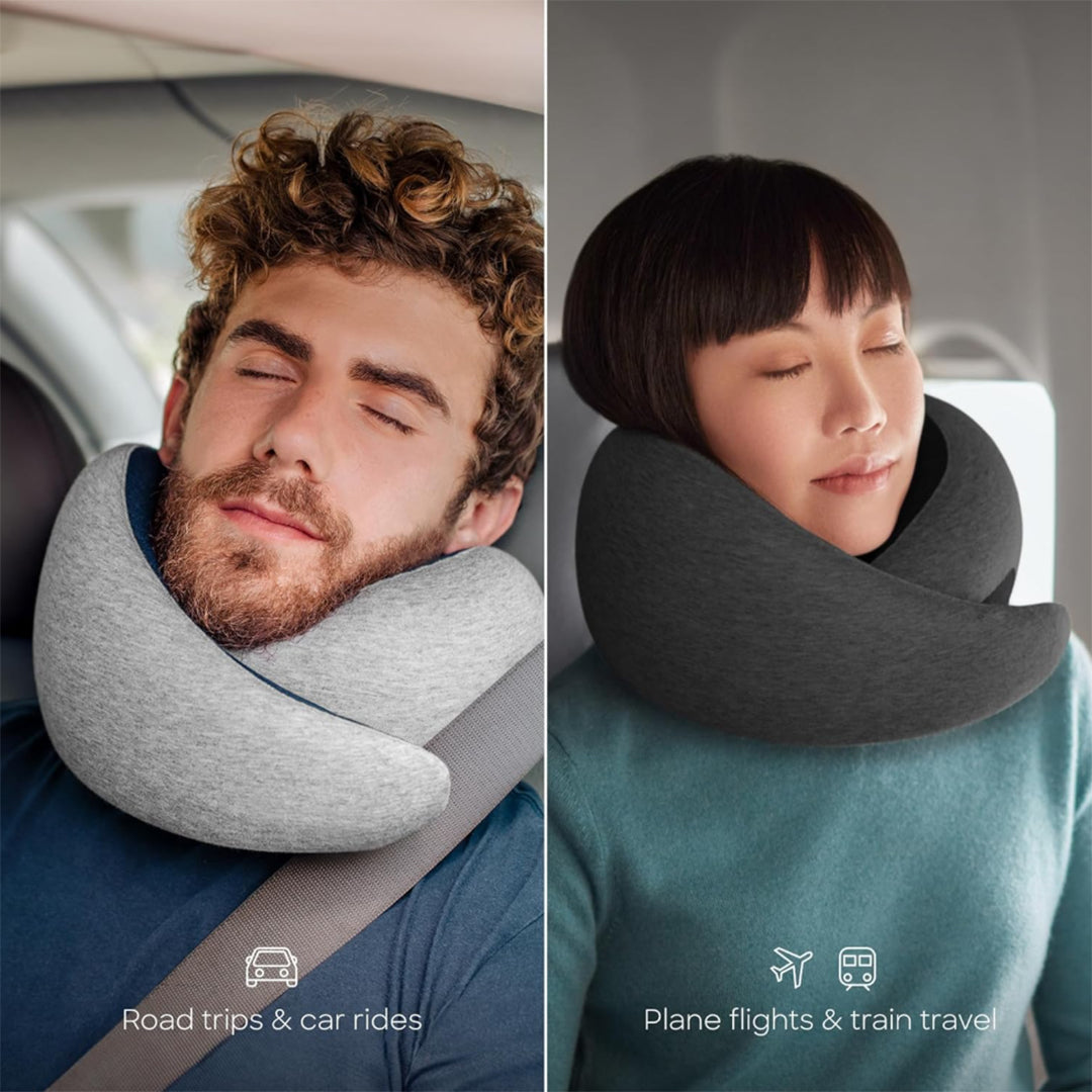 Travel neck pillow from the Dark Luxury Travel Collection with soft modal-blend fabric, ergonomic memory foam, wraparound chin support, adjustable hook-and-loop closure, shown for car, plane, and train travel.