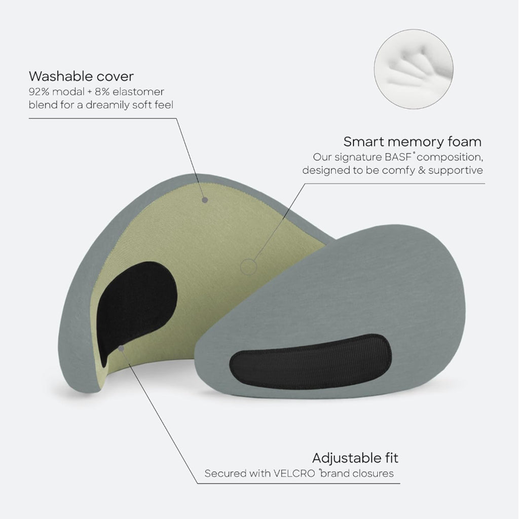 Travel neck pillow from the Dark Luxury Travel Collection with 92% modal and 8% elastane washable cover, BASF memory foam core, sage green knit fabric, ergonomic wraparound profile, and adjustable hook-and-loop closure.