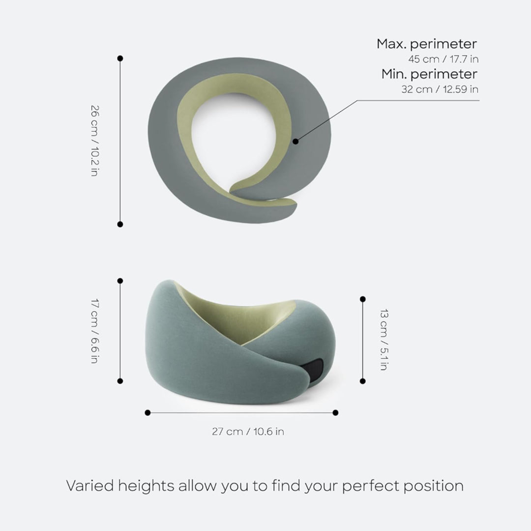 Travel neck pillow from the Dark Luxury Travel Collection with soft modal-blend fabric, memory foam core, 27×17×13 cm profile, 32–45 cm adjustable fit, ergonomic wraparound design, and hook-and-loop closure.
