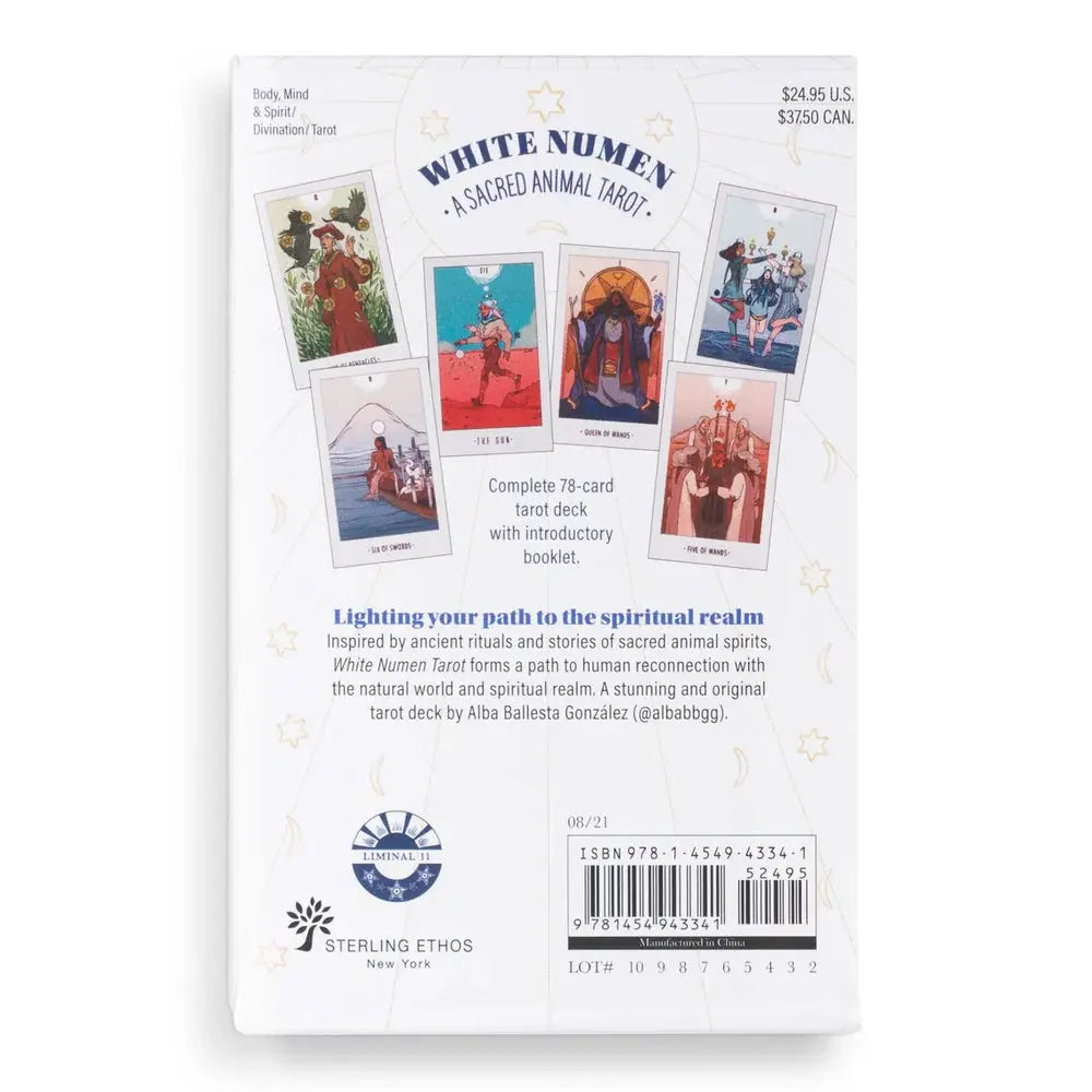 The back of the White Numen Tarot box showing the retail price, description, barcode, and ISBN number nine seven eight one four five four nine four three three four one.