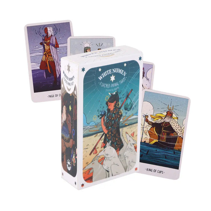The White Numen Tarot deck box standing upright next to the Page of Cups and King of Cups cards.