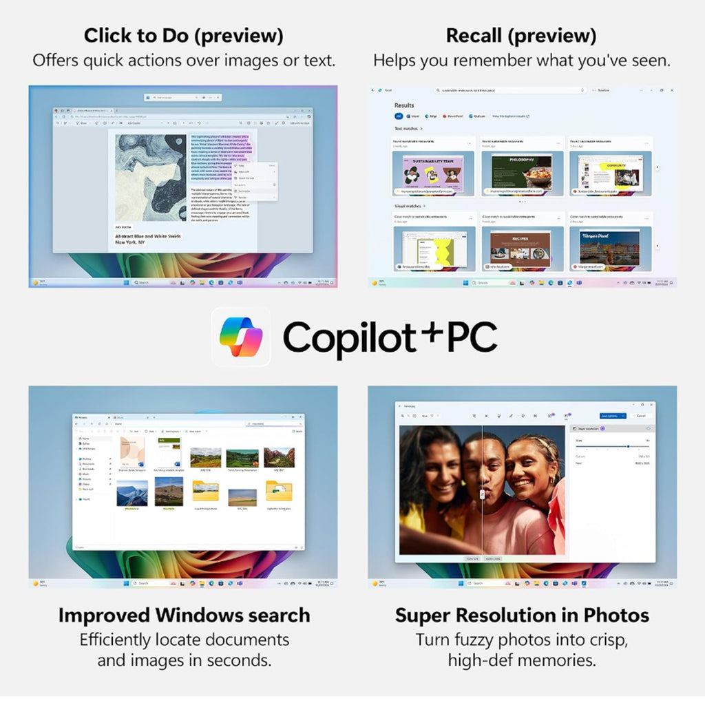 This e-commerce marketing infographic details the native Microsoft Copilot+ PC artificial intelligence software features integrated into the Windows operating system platform. The four-quadrant visual layout displays digital screenshots and high-intent typography to outline key functionality, including Click to Do for executing contextual actions over images or text, Recall for tracking and remembering previously viewed screen content, Improved Windows