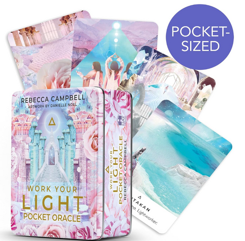 Rebecca Campbell Work Your Light oracle cards keepsake rigid box with premium fanned out divination card decks.