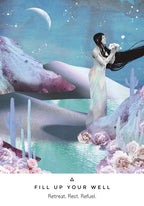 Work Your Light card titled Fill Up Your Well featuring a celestial woman holding white roses under a crescent moon.