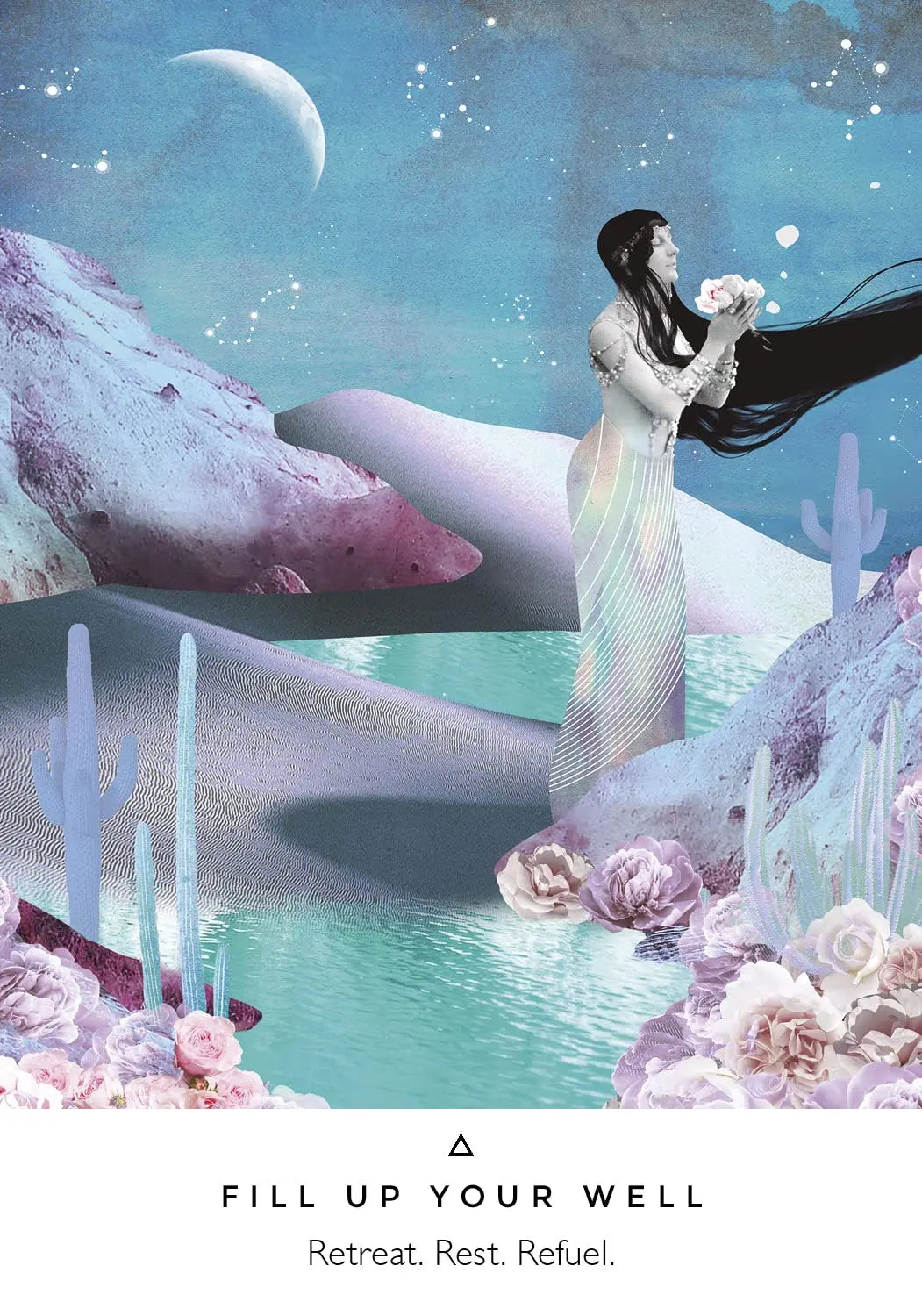 Work Your Light card titled Fill Up Your Well featuring a celestial woman holding white roses under a crescent moon.