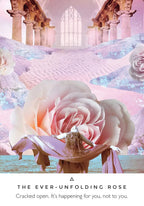 Work Your Light oracle card titled The Ever-Unfolding Rose featuring a woman over a large pink rose and temple columns.